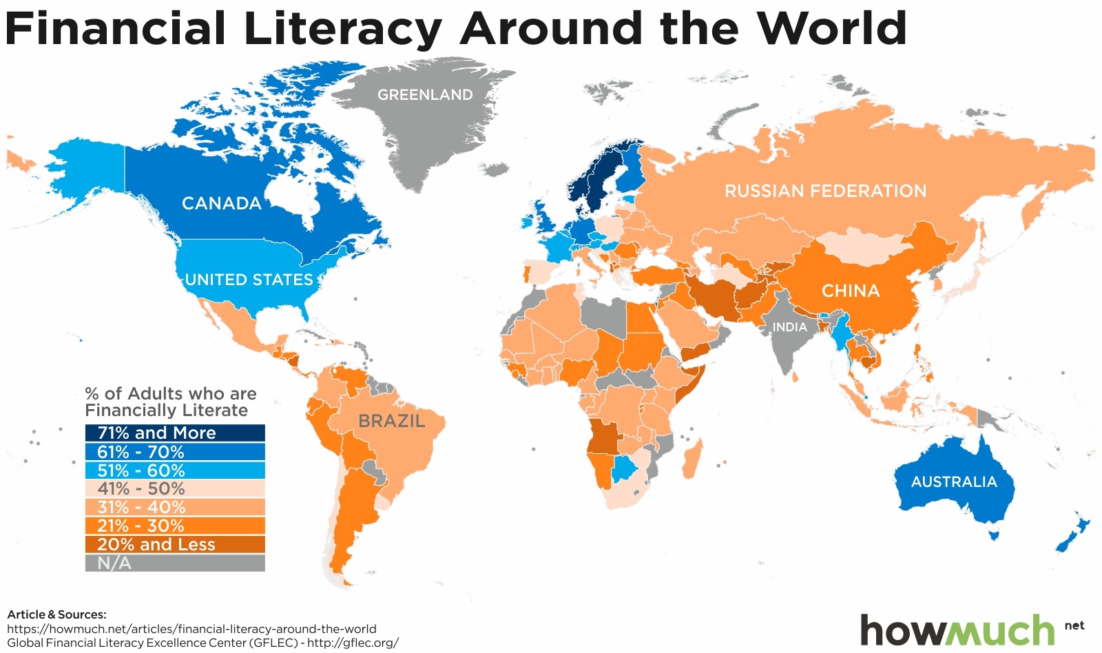 Уровень финансовой грамотности населения стран мира в визуализации от ресурса howmuch.net.